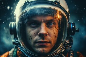 Fototapeta premium Generative AI picture of astronaut spaceman woman do space walk working space station in outer space futurism
