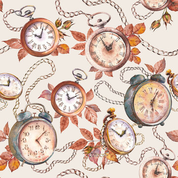 Seamless pattern with vintage watches and autumn leaves. Hand painted watercolor illustration.