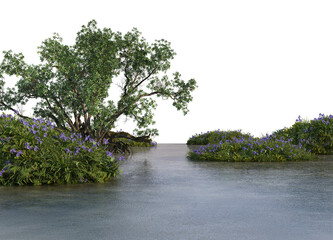 Lake with plants and trees by the waterfront on a transparent background