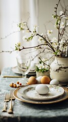 Elegant Easter Table Setting with Natural Decorations. A serene Easter table setting featuring fresh spring blossoms and eggs, evoking a sense of renewal and natural simplicity.