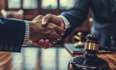 Both sides of a legal dispute shake hands as a sign of compromise. The court's decision cancels all agreements. Conflict resolution in court. Agreement between the parties to the dispute. - obrazy, fototapety, plakaty