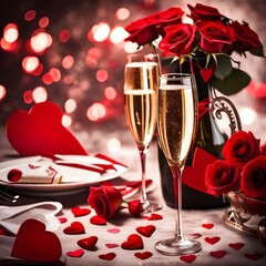Two glasses of champagne gift box and flowers on a red background. Valentine's day decorations.	