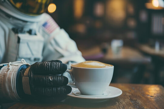 Interstellar Caffeine: Astronaut's Hand Grasping Coffee Mug - Powered by Adobe