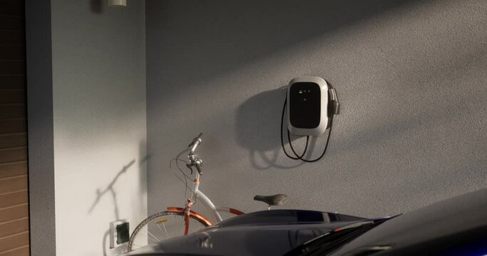 Home charging station provides an eco-friendly sustainable power supply for EV cars. Progressive concept for future green energy storage for electric vehicles.