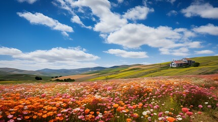 field of flowers, Windmills and flowers in Netherlands, Spring tulip fields in the Netherlands, rows of multicolored tulips, traditional windmill in the background