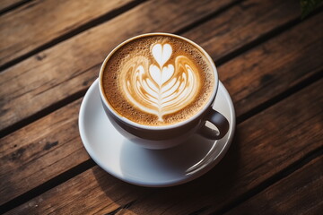 Close up shot of latte art in white cup,Wooden table background, Cappuccino art, Leaf and Heart, Generated AI