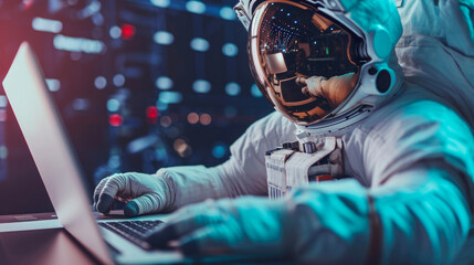 Cosmic Productivity: Astronaut Engaged in Office Work - obrazy, fototapety, plakaty
