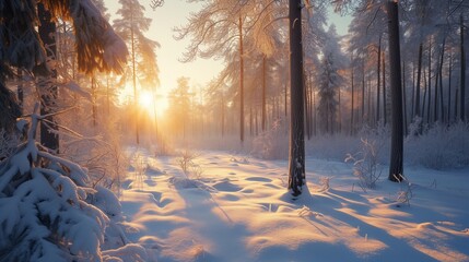 A picturesque winter forest at dawn, the landscape featuring small, detailed snowdrifts, a light snowfall, and the gentle morning sun creating a peaceful and beautiful snowy scene. Sunse in the forest