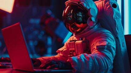 Galactic Desk Job: Close-Up of Astronaut with Laptop