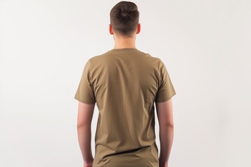 Man In Brown Tshirt On White Background, Back View, Mock Up
