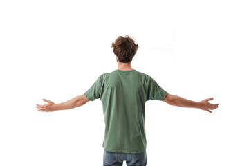 Man In Green Tshirt On White Background, Back View, Mock Up
