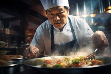 Asian chef cooking in a modern restaurant kitchen