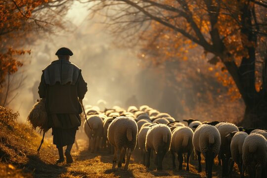 Shepherd Guides Flock Of Sheep