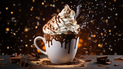 Obraz na płótnie Canvas Mug of hot chocolate steams invitingly topped