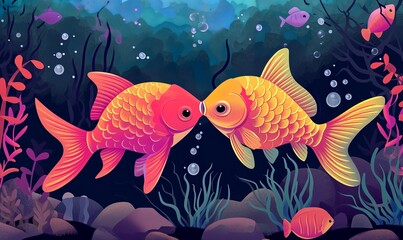 flat illustration of an aquarium with two kissing fish