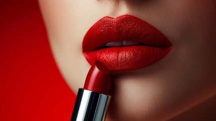 Red lips on a red background. Beauty industry style illustration. Red lipstick - obrazy, fototapety, plakaty