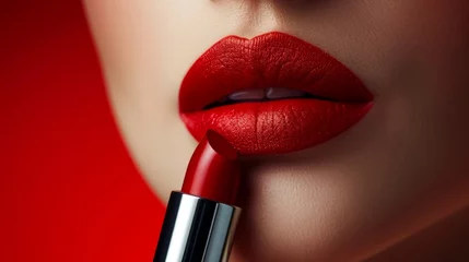 Fotobehang Red lips on a red background. Beauty industry style illustration. Red lipstick © Vladimir