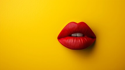 Red lips on a yellow background. Beauty industry style illustration. Red lipstick - obrazy, fototapety, plakaty