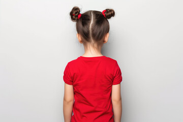 The Little Girl In Red Tshirt On White Background, Back View, Mock Up