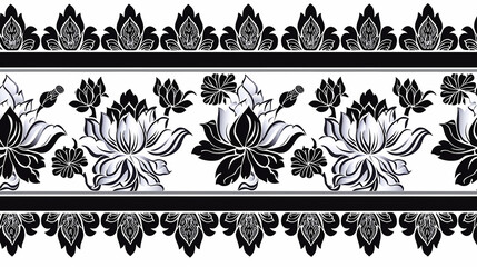 Lotus flower, Thai pattern, horizontal black and white image