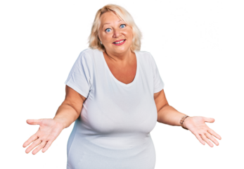 Middle age blonde woman wearing casual white t shirt smiling cheerful with open arms as friendly welcome, positive and confident greetings