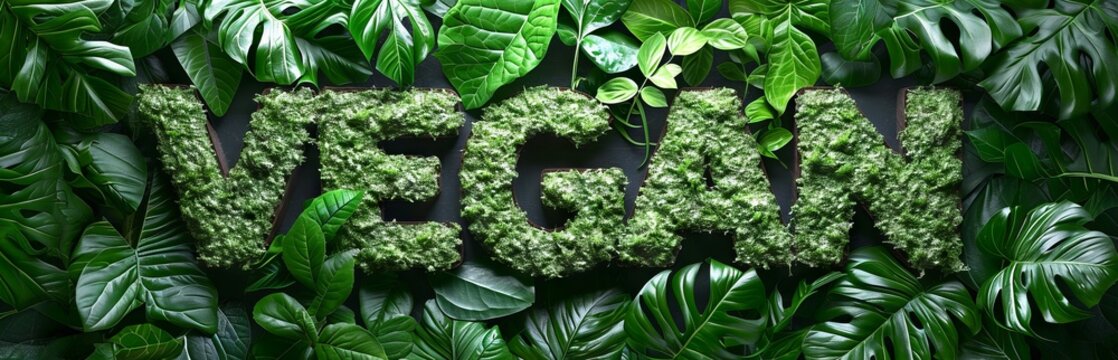 Naklejki The word "VEGAN" is formed from green leaves and herbs with natural and organic slogan. Concept: environmentally friendly products. Banner with informational text 