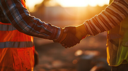 Two construction workers in safety gear engaging in a firm handshake