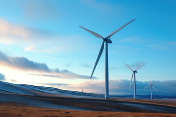 Wind Turbines Stand Tall In Field, Harnessing Clean Energy Under Serene Blue Sky