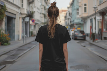 Fototapeta premium Woman In Black Tshirt On The Street, Back View, Mock Up