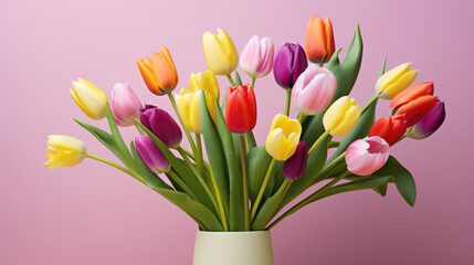 Bouquet of tulips arranged against a soft pink background