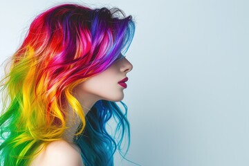 Woman With Vibrant Rainbow Hair Stands On White Backdrop