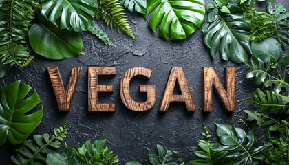 The word "VEGAN" is written in voluminous letters against the backdrop of a green hedge. Concept: environmentally friendly products. Banner with informational text
