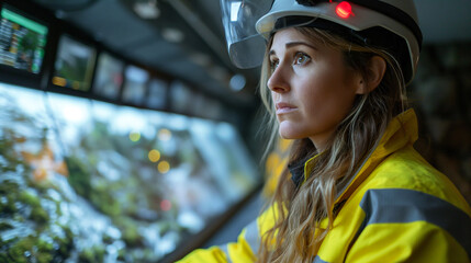 focused woman wearing a safety helmet with a visor and a high-visibility jacket, looking at monitors in a control room - obrazy, fototapety, plakaty