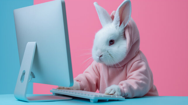 Cute bunny wearing hoodie sitting at desk with computer on pink background. Online shopping, learning or remote work concept.