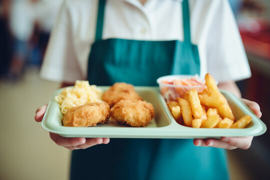 AI generated image of school cook preparing meal for children