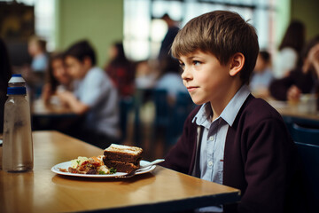 Generative AI photo of schoolchild eating tasty lunch at school canteen