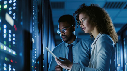 Male and a female IT professional in a data center, with the woman holding a tablet and the man observing, likely collaborating on a task. - obrazy, fototapety, plakaty