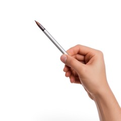Hand holding pen on white background