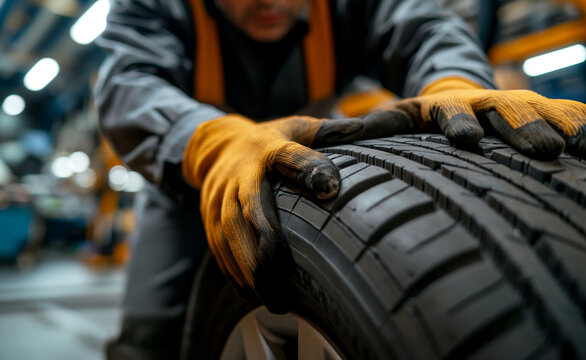 Tire at repairing service garage background. Technician man replacing winter and summer tire for safety road trip.	