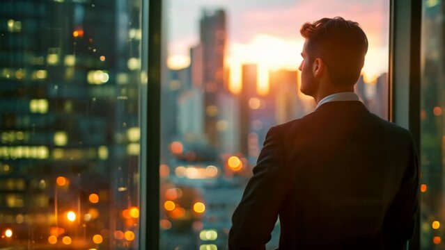 Successful businessman looking out of window at big city view and talking. Business man standing alone at modern downtown high-rises