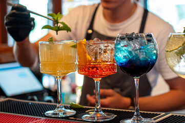The bartender prepares a variety of colorful cocktails at the bar counte