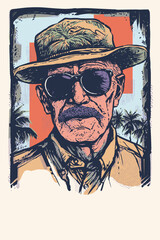 An elderly man with a mustache, wearing a Panama hat and sunglasses against the background of silhouettes of palm trees. Poster retro style, vector illustration.
