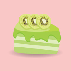 A piece of cake with kiwi fruit decoration suitable for menu posters wallpapers vector illustration in cartoon style. Eps 10 