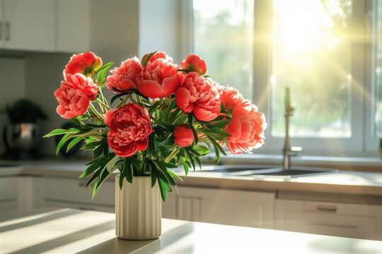 Bunch of bright red peony flower standing on modern table in light modern kitchen. The bright spring sun shining through the window
