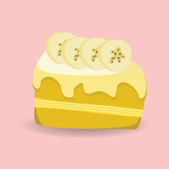 A piece of cake with banana decoration suitable for menu posters wallpapers vector illustration in cartoon style. Eps 10 