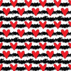 Red hearts on hand drawn brush striped background. Seamless pattern, for textile, wrapping, wallpaper, wedding, valentine cards