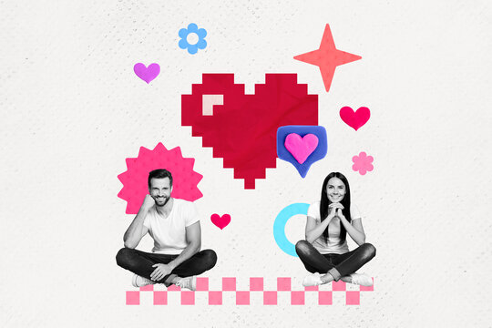 Artwork collage image of two cheerful black white effect people drawing hearts like notification isolated on creative background