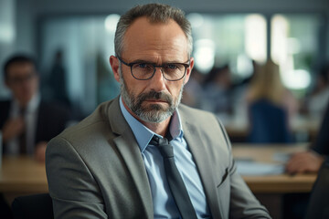 Fototapeta premium Generative AI image of successful busy professional middle aged businessman working in office