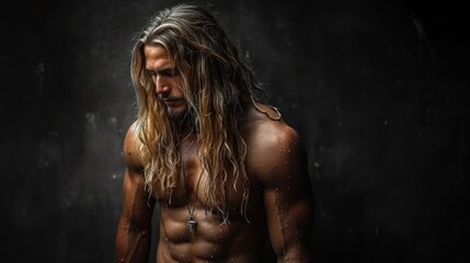 Handsome muscular man with long hair and wet body posing in studio