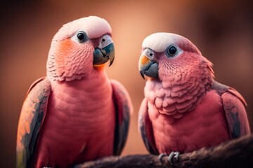 Obraz premium Pretty in Pink: Enchanting Duo of Parrots in Vivid Rosy Plumage. A Splash of Tropical Elegance